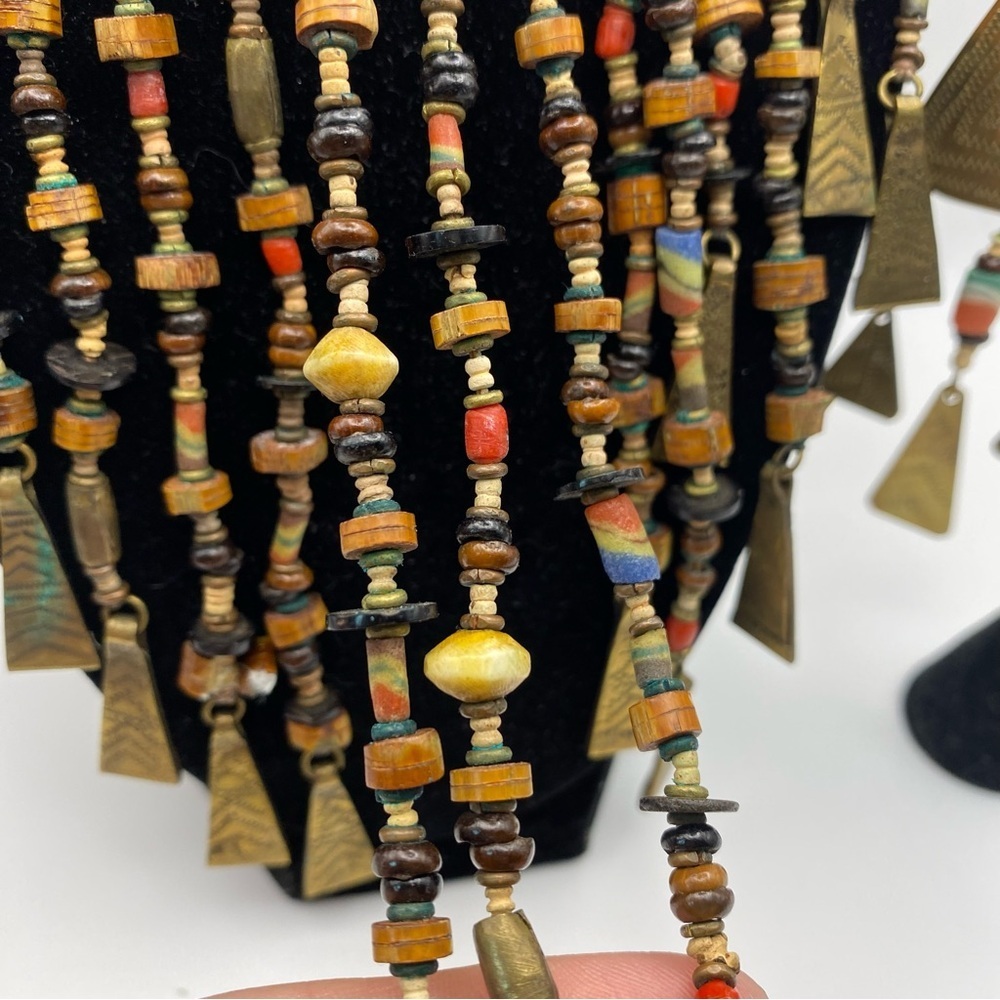 Vintage Tribal Beaded Bronze Bohemian Waterfall Necklace And Earrings Set - Picture 2 of 13